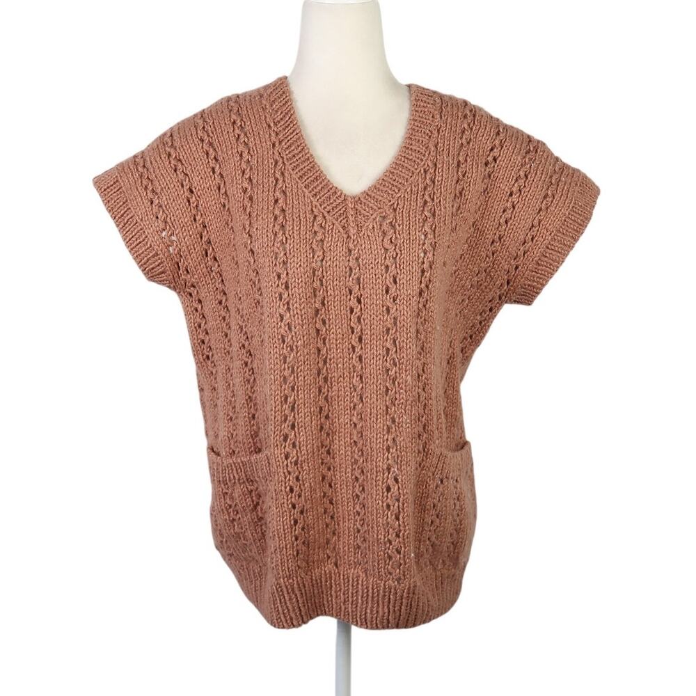 Vintage 80s Tan Brown Short Sleeve Knit Sweater Vest L